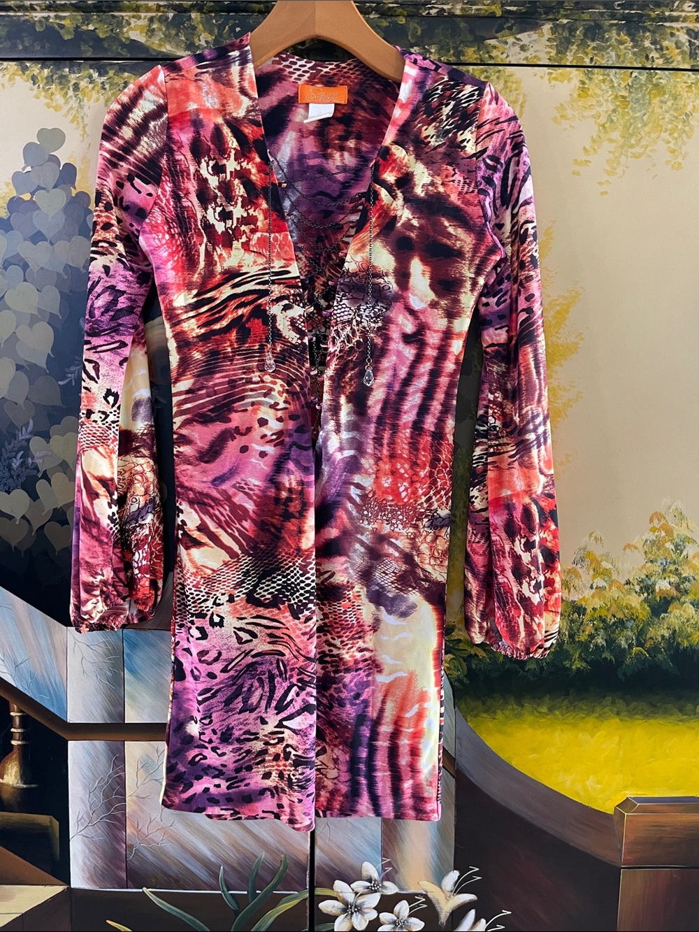 V-Neck Long Sleeve Chemise in Pink Multi Print